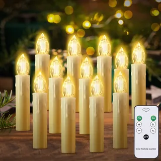 cimetech 12er Christbaumkerzen Kabellos Led Schwebende Kerzen Weihnachtsbaumbeleuchtung Weihnachtskerzen Warmweiß Flammenlose LED Kerzen mit Fernbedienung Timer Weihnachtsbaum Lichterkette