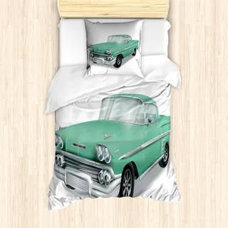 ABAKUHAUS Autos Bettbezug Set für Einzelbetten, Klassisches Veteranenfahrzeug, Milbensicher Allergiker geeignet mit Kissenbezug, Mintgrün Hellgrau Schwarz