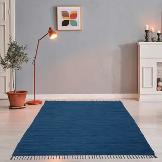 THEKO Teppich »Happy Cotton Fleckerl, handgewebt« rechteckig 5 mm Höhe Flachgewebe, reine Baumwolle, meliert, mit Fransen, auch als Läufer, blau