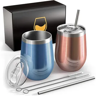 FloweryOcean Weinbecher aus Edelstahl,2 Stück 12OZ Weingläser to go,hält 5h heiß/ 10h kalt,BPA-frei,Doppelwandigen Vakuumisoliert Weinglas,Camping Geschenk für Frauen,Hellblau + Roségold