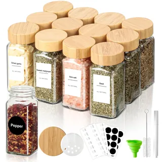 Cozary Gewürzgläser Glas Eckig Gewürzdosen 120ml 12er Set mit Bambus Abdeckung Etiketten Bürste Gewürzaufbewahrung zur Aufbewahrung von groben und feinen Gewürzen, Zimt, Sesam