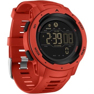 findtime Schrittzähler Armbanduhr Rot mit Kalorien 5ATM Wasserdicht Timer Stoppuhr, Fitness Herrenuhr Digital Militär Tactical Uhr Duale Zeitzone Sport Outdoor für Männer Jungen