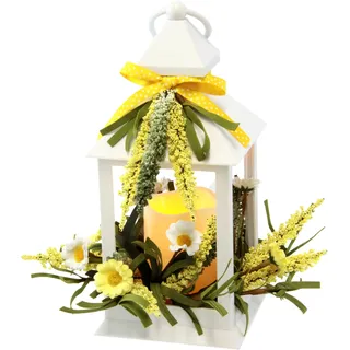 Deko Laterne Weiß 23 cm mit LED-Kerze batteriebetrieben – Frühlingslaterne mit Mimosen & Blumen – Osterdeko Tischdeko für Wohnzimmer Balkon Fensterbank Herbstdeko Kunstblumen