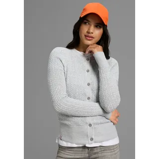 Strickjacke KANGAROOS, Damen, Gr. 44/46, grau (graumélange), Feinstrick, Obermaterial: 50% Baumwolle, 50% Polyacryl, meliert, figurbetont hüftlang, Rundhals, Rippstrickbündchen, Strickjacken Strickjacke, hüftlange Form, figurbetonte Passform, aus Feinstrick und Strick