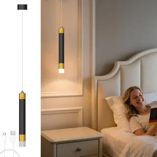 ACMHNC Akku Pendelleuchte Schwarz Gold Hängelampe mit batterie, 4500 mAh-Akku LED Hängelampe ohne Strom, Touch Dimmbar 3 Farben, Höhenverstellbar 180cm, für Schlafzimmer Nachttisch Esstisch, 33cm