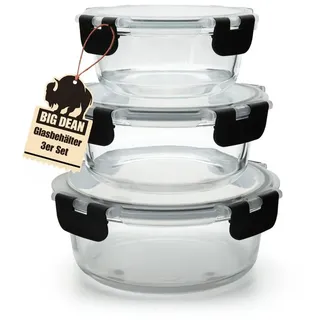 BigDean Glasbehälter mit Deckel in 3 Größen Mikrowellengeschirr Glas Meal Prep Container aus Glas Runde Glasbehälter Mikrowellengeschirr Glas