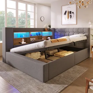 okwish L-förmiges Schlafsofa 140x190 Tagesbett mit LED-Beleuchtung und offenen Staufächern an der Rückwand,Jugendbett Daybett mit Bettkasten,Grau (Ohne Matratze) - Grau
