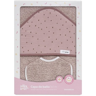 Baby BadePoncho 1x1 m · Bademantel Kapuzenbademantel MUSSELIN "Puntos rosé" für Neugeborene · 100% Baumwolle & Runder Lätzchen 20x20 cm · INTERBABY