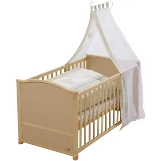 roba Babybett Set Liebhabbär - 70 x 140 cm - Kinderbett komplett mit Bettwäsche, Himmel, Matratze - Höhenverstellbar - Gitterbett in Juniorbett umbaubar - Holz natur