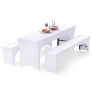 Alishomtll 3er-Set Elastisch Biertischhussen, Stretch Bierzeltgarnitur für 70cm Tischbreite, Bierbankhussen Bankgarnitur für Biertisch und Bierbank Bankett Gartenmöbel-Bezüge, 220x70cm Weiß