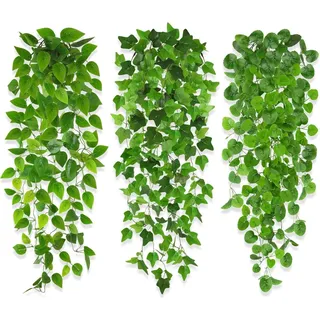 Künstliche Hängepflanzen 100cm 3er Set Efeu Kunstpflanze Outdoor Indoor hängend - Grün