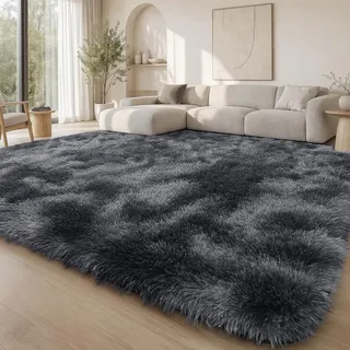 Homaxy Hochflor Tie Dye Groß Teppich Wohnzimmer 200 x 300 cm, Dunkelgrau