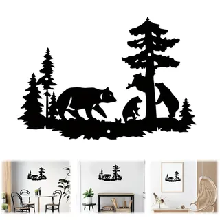 duozoanz Wanddeko Metall Wandbild Metall Metallbild, Wald Stil Silhouette eines Bären und Bäume Schwarzes Eisen Art Deco Hängt Inklusive Loch zum Aufhängen Geeignet für Wanddekoration Größe 32 * 22CM