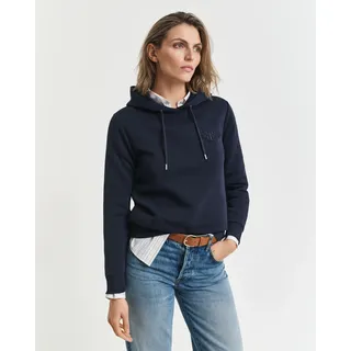 Hoodie GANT "REG TONAL SHIELD HOODIE", Damen, Gr. XXL, blau (evening blau), Sweatware, Obermaterial: 78% Baumwolle, 22% Polyester, regular fit hüftlang, Rippbündchen, Sweatshirts Hoodie, Ton in Ton Stickerei, Rippbündchen
