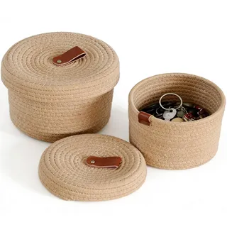 2er-Set Juteseilkorb mit Deckel, Dekorative Flechtkörbe mit Ledergriff, Runder Aufbewahrungskorb für Bad, Schreibtisch & Haushalt – Kompakte Körbe mit Deckel (18x15 cm)