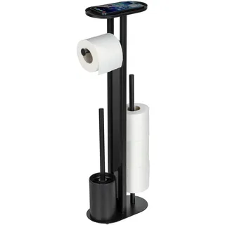 WENKO Stand WC-Garnitur Mod. Orea aus Stahl mit schwarzem Trennglas, WC Bürste, Toilettenpapierhalter, Ersatzrollenhalter für bis zu 4 Rollen und Smartphone-Ablage, stehend, ohne Bohren, schwarz