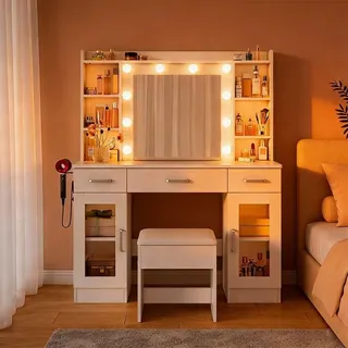 ZELURXX Weißer Schminktisch 110×40×145 cm mit LED-Spiegel 10 Lichter USB-Strom inkl. Hocker & Föhnhalter Metallauszug
