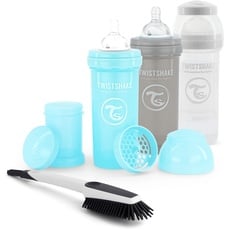 Twistshake Anti-Colic Babyflaschen-Set mit Milchpulverbehälter und Mixer - 3-teilig | Enthält 1 Reinigungsbürste | Brustwarze aus Silikon mit schnellem Durchfluss | BPA-freie | 2 Monate+ | Grau Blau