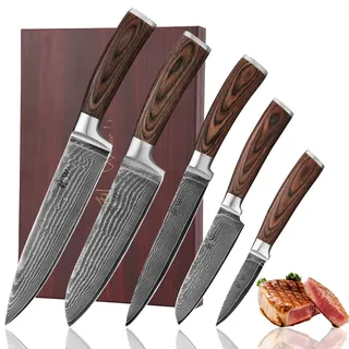 Wakoli Edib Damastmesser Set 20 cm 5-tlg. Pakkaholzgriff Braun