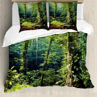 ABAKUHAUS Regenwald Bettbezug Set, Morgen Wilder Wald Efeu Baum Ruhe in der Natur Regenwald Dschungel Foto Muster, 200 x 200 cm + 80 x 80 cm, Grün Braun - Grün, Braun