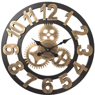 HSXL – Große Wanduhr aus Holz mit Zahlen 60 cm – Schwarz mit Gold – 60 cm – Leises Uhrwerk - Schwarz, Gold