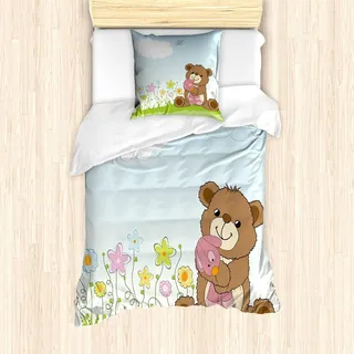 ABAKUHAUS Blume Bettbezug Set, Karikatur-Art-netter Teddybär mit Spielzeug in der Wiese wirbelte Blumen Schmetterling und Wolke, 135 x 200 cm + 80 x 80 cm, Mehrfarbig