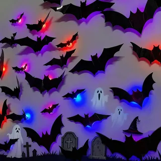 XIESUNUN 24 Stück LED Halloween Fledermäuse Deko,3D Leuchtende Fledermäuse Realistische PVC Wandaufkleber,Bunt LED Halloween Horror Dekoration für DIY Innen&Outdoor Wand Fenster Tür