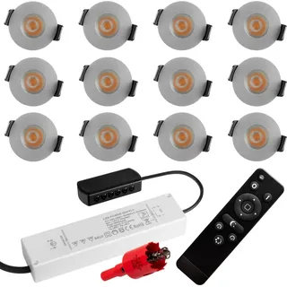 S-Polylight PREMIUM Mini LED- Einbauspots Warmweiss 3.000K, DIMMBAR, IP65, FUNK 3W LED Einbaustrahler Terrassenüberdachung, Terrassenbeleuchtung, Bad, Sauna, LED Spots mit Fernbedienung (SILBER, 12x LED-SET) - Silber