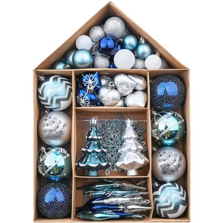 Valery Madelyn Weihnachtskugeln Plastik Christbaumkugeln 70er Set Weihnachtsbaumschmuck mit Aufhänger Weihnachtsdeko Winterwünsches Thema Silber Blau MEHRWEG Verpackung 3-16cm