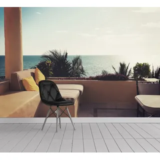 Queence Fototapete »Terrasse am Meer« Meer Motiv bedruckt mehrfarbig realistisch glatt Wandpaneele, selbstklebend, Tapete, Sticker, Wanddeko, XXL-Fotomotiv, goldfarben