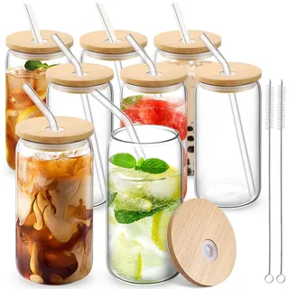 MEIMUCUL Trinkglas mit Strohhalm und Deckel,Eiskaffee Gläser 500ml,8er Trinkgläser mit Deckel,Glasbecher mit Deckel und Strohhalm ideal für Milchtee,Latte,Macchiato,Smoothie,Whiskey