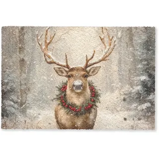 MuchoWow Fussmatte Weihnachten - Rentier - Winter - Kranz Flurteppich 60x40 cm , Braun , Kunststoff , Rechteckig , 60x0.4 cm , rutschfeste Unterfläche , Teppiche und Böden, Schmutzfangmatten, Fußmatten