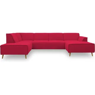 DOMO. collection Wohnlandschaft Jules FK, skandinavisches Sofa mit Federkern, Couch in U-Form mit Holzfüßen, 333 x 191 x 81 cm (BxTxH), Longchair rechts, rot