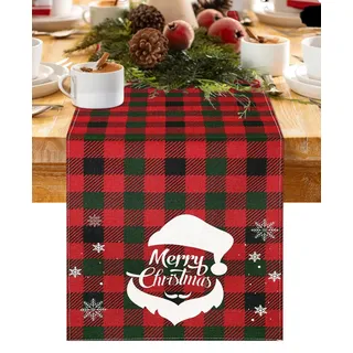 Tischläufer Weihnachten Modern Rot Grün Kariert Tischläufer Abwaschbar Weihnachtsmann Tischdeko Leinen Küche Tisch Dekoration für Esszimmertisch Party Hochzeit 40x140 cm