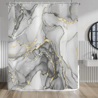 Hnmdmyi Duschvorhang Marmor 180x200, Grau Gold Abstrakt Marmor Badewanne Vorhang Luxus Moderne Ästhetische Kunst Tinte Textur Wasserdicht Polyester Stoff Waschbar Badevorhang mit Haken