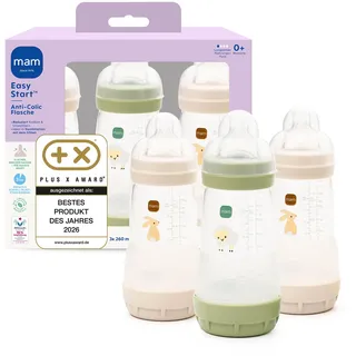 MAM Easy Start Anti-Colic Babyflasche 3x 260 ml, 0+ Monate, Gr. 1, Hase | Selbst-sterilisierend in der Mikrowelle in 3 Min, Anti-Kolik-Bodenventil, brustähnlicher SkinSoft Sauger, ab Geburt