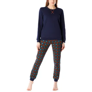 Merry Style Damen Lang Zweiteiliger Schlafanzug aus Baumwolle Pyjama Set Winter MS10-168 (Marineblau (Orange-Kariert), S)