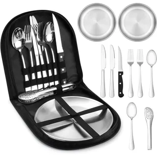 penobon Camping Geschirr Set für 2 Personen, 10 Stück Tragbars Campingbesteck Set aus Edelstahl für Camping, Picknick, Reisen