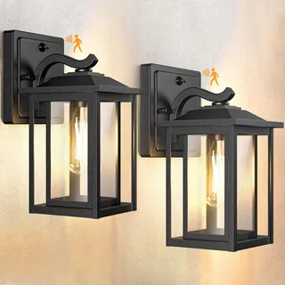 Wondlumi 2er Set Aussenlampe mit Bewegungsmelder E27 Glas IP44 Schwarz | Außenleuchte Bewegungssensor Industrial 3 Beleuchtungsmodi Wandlampe 230V Metall Balkon Haustür Garage ohne Leuchtmittel
