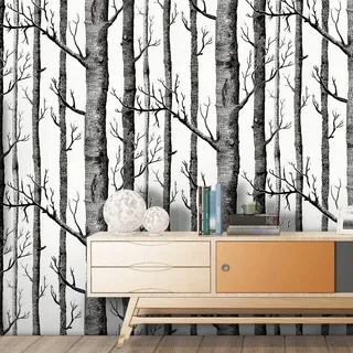 JOLIHOME Weiße Tapete Schwarzer Baum Selbstklebender Wandaufkleber Kontaktpapier zum Abziehen und Aufkleben aus Birkenholz Kunststoffrolle mit Klebriger Rückseite für Küche Schlafzimmer 44,5x500cm