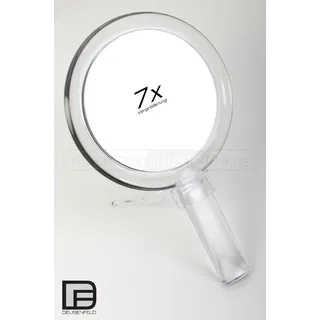 DEUSENFELD HKS167 - Design Acryl Handspiegel Kosmetikspiegel Vergrößerungsspiegel, ø 16,2cm , 7-Fach Vergrößerung andere Seite Normalspiegel, ansteckbarer Standfuß - Transparent