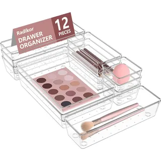 Radikor Schubladen Organizer, 12 Stücke Schminktisch Organizer in 4 Größen, Drawer Organizer, Make Up Organizer, Schubladen Ordnungssystem für Schreibtisch, Büro, Küchen, Bad