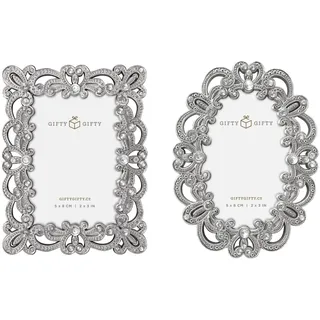 GIFTY GIFTY Silberfarbenes Mini-Rahmen-Set im Vintage-Stil, 2 Stück, 5,1 x 7,6 cm | für Tischaufsteller | Perfekt für Heimdekoration, Hochzeit, Abschlussfeier oder Meilenstein-Fotos