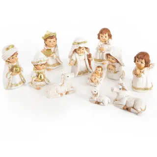 Logbuch-Verlag 11 Krippenfiguren für Deko Krippe kindlich Gold weiß edle Weihnachtskrippe Figuren Set zum Hinstellen 7,5 cm