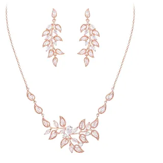 Clearine Blatt Cluster Schmuckset Brautschmuck Set Zirkonia Anhänger Halskette und Tropfen Ohrringe für Hochzeit Party Klar Rosegold Ton
