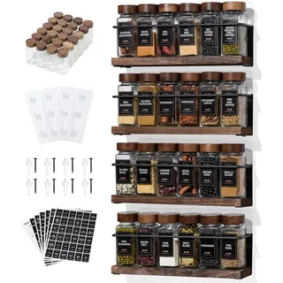 KitHero 4-stöckiges Wand-Gewürzregal mit 24 Gläsern, 216 Etiketten & Trichter, Schraub-/Klebemontage, Schwarz Metall & Holz, Aufbewahrung für Küche & Vorratsschrank, 29,5 x 6,1 x 8,1 cm