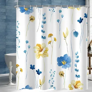 Lerores Duschvorhang 180x200 cm Blau& Gelb Motiv,Beschwerter Saum Antischimmel,Wasserabweisend, Waschbar Polyester Badevorhänge mit 12 Ösen und Duschvorhangringe für Badezimmer,Badewanne