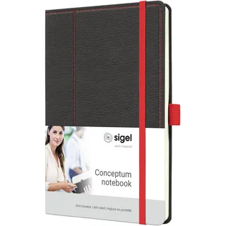 Sigel Notizbuch A5 dotted, Leder-Look grau, rot, Hardcover, 194 Seiten, nachhaltiges Papier, mit Inhaltsverzeichnis, Stiftschlaufe, Falttasche, Conceptum