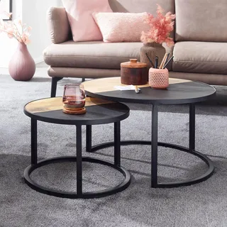 FineBuy Couchtisch 2er Set Mango Massivholz / Stein-Optik Sofatisch Rund Modern Beistelltisch 2-teilig Runde Wohnzimmertische Holztisch Satztische - Schwarz