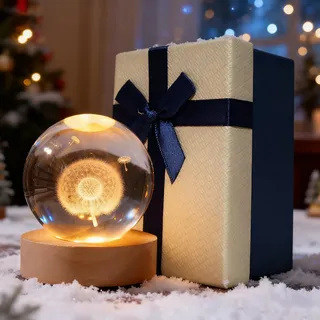 Weihnachtsdeko 3D Kristallkugel mit LED-Licht, Schneekugel Nachtlicht Weihnachten deko mit Holzsockel, USB Lasergeätzte Kugel Lampe, Weihnachts Glaskugel Deko für Zuhause Geschenk (D X 6CM)